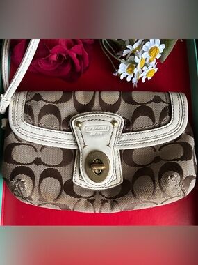 Coach Brown Signature Canvas Wristlet with Cream Trim and Turnlock Accent